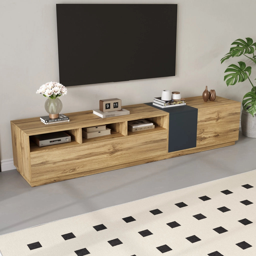Cassettiera per TV nero-grigia in truciolato lunga 200 cm