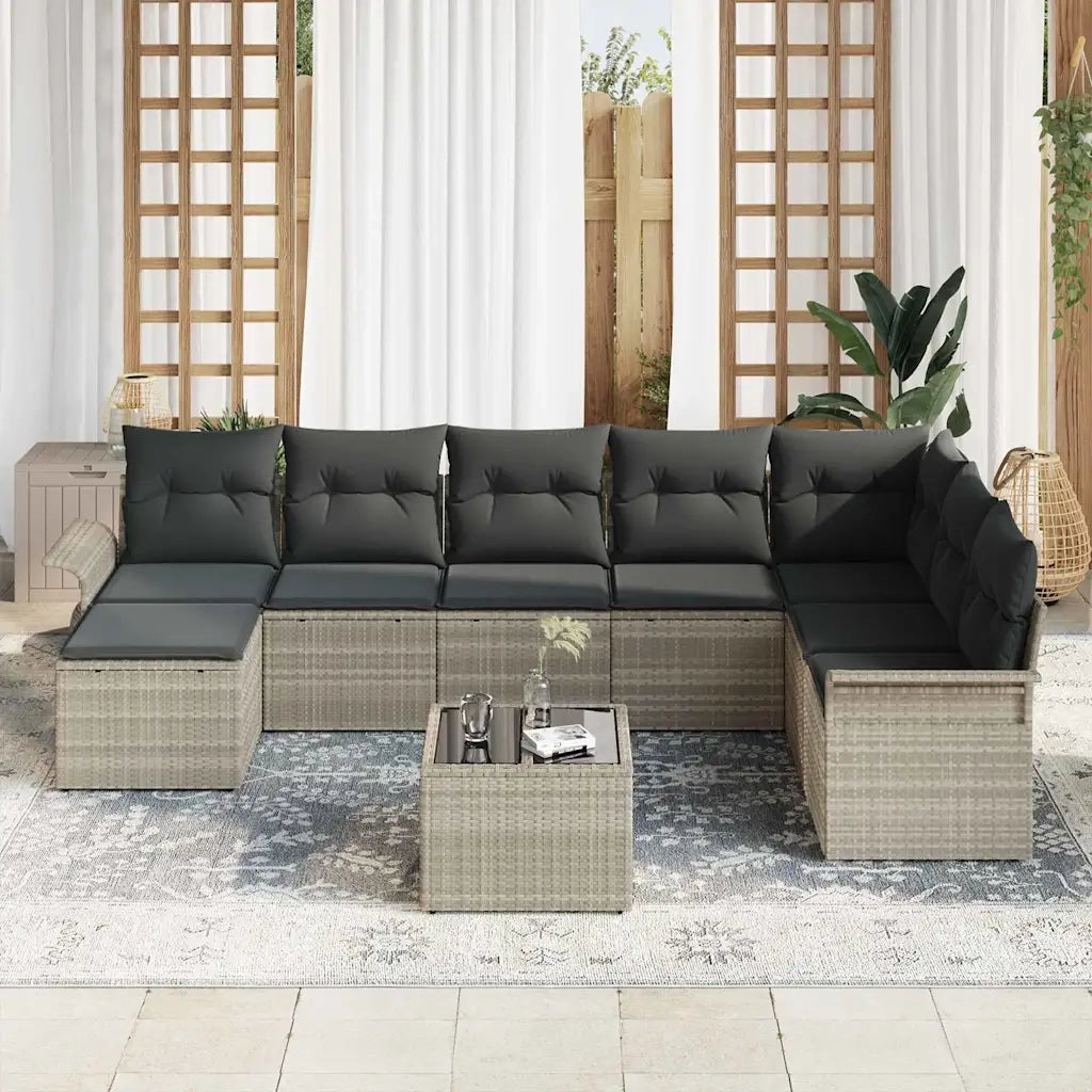 Set Divano da Giardino 9 pcs Grigio chiaro Poly Rattan