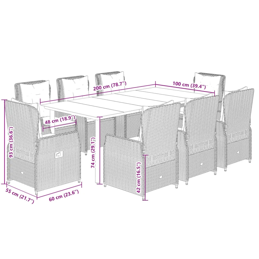 Set da Pranzo da Giardino 9 pz con Cuscini Nero in Polyrattan 3262839