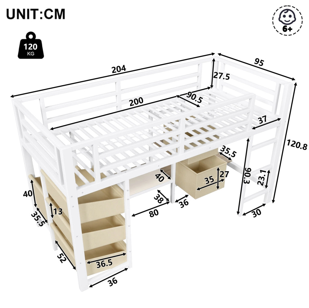 Letto medio alto 90x200 cm in metallo bianco con cuscino; LED multicolore e contenitore