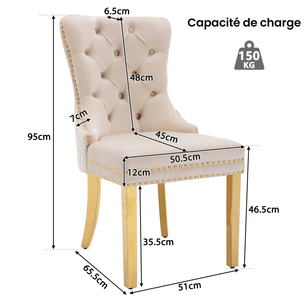 2 Sedie da Pranzo con Anello sullo Schienale; Borchie Decorative e Piedini Regolabili; Velluto; Beige