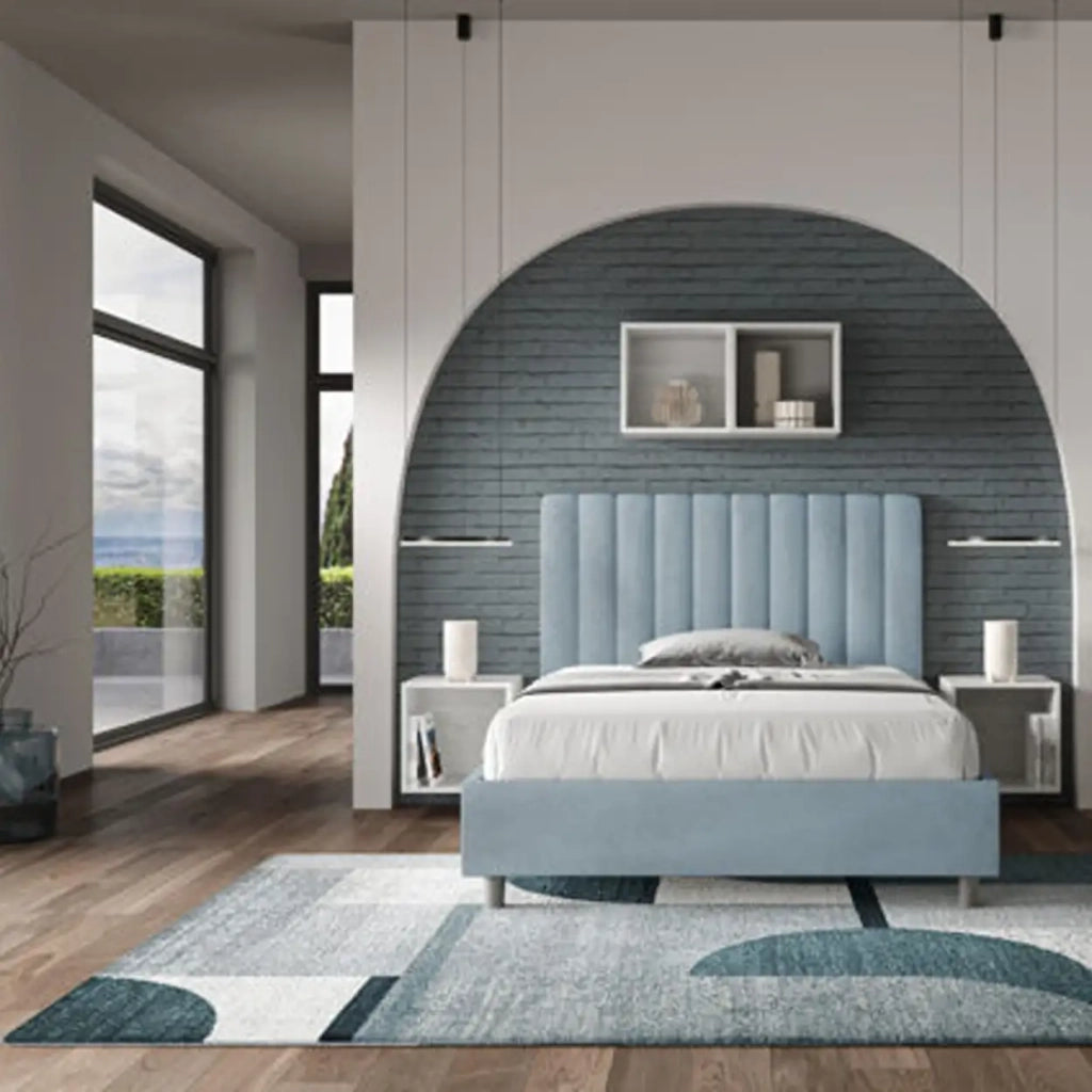 Letto una piazza e mezza contenitore imbottito 120x210 microfibra azzurro Agueda