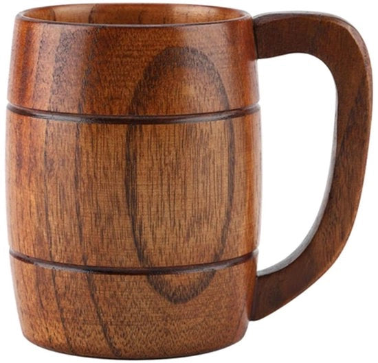 Bicchiere in Legno Naturale da Birra 400ml - Design Retro - Grande Capacità - Idoneo per Acqua, Caffè, Vino, Tè - Con Maniglia - Adatto anche per Latte - Bicchiere in Legno da Birra con Stile Classico