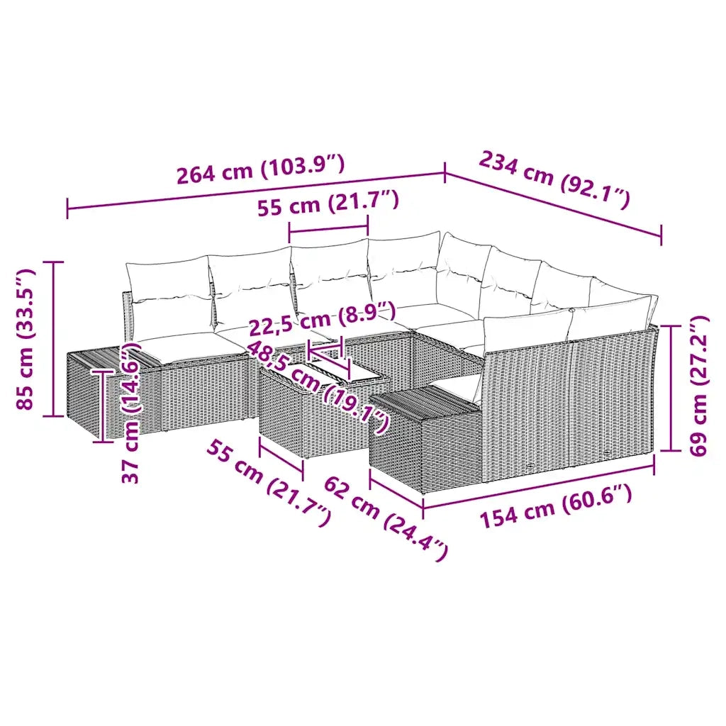 Set Divano da Giardino con cuscino 9 pcs Beige polyrattan 3347001