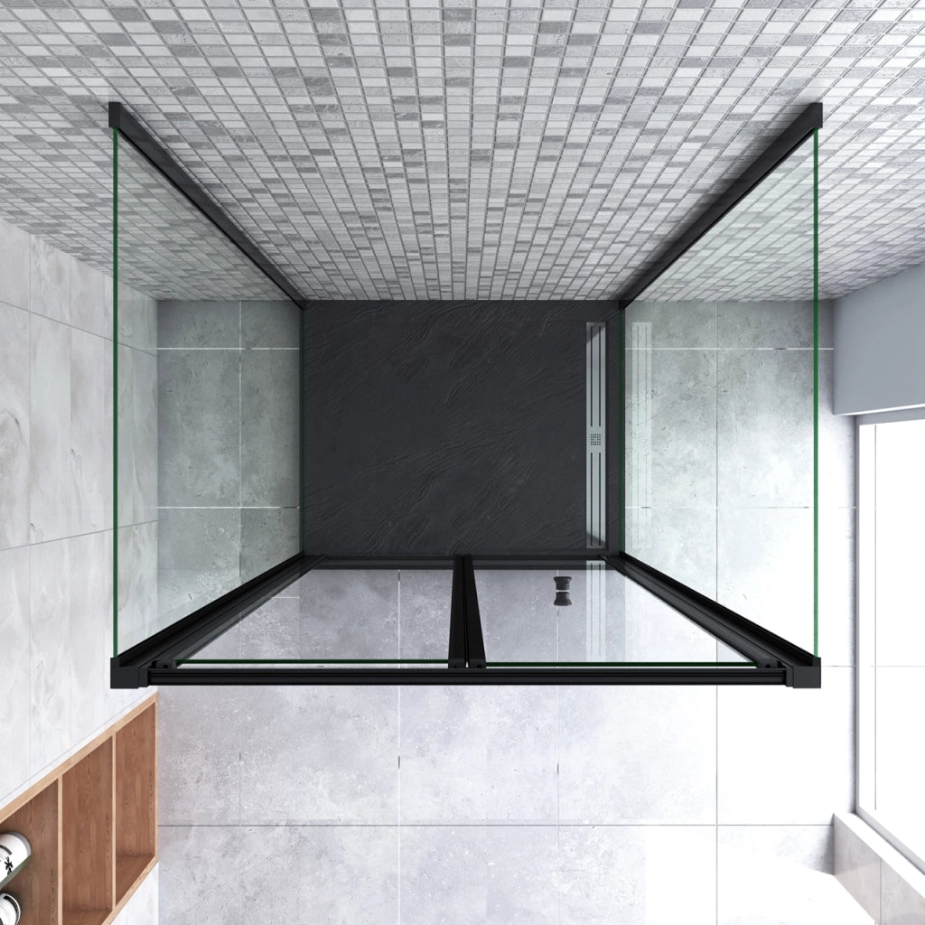 185cm Box Doccia a Tre Lati Porta a Soffietto 76cm con Doppia Parete Fissa 80x80cm in Vetro Temperato Trasparente 5 mm Profilo Nero Opaco