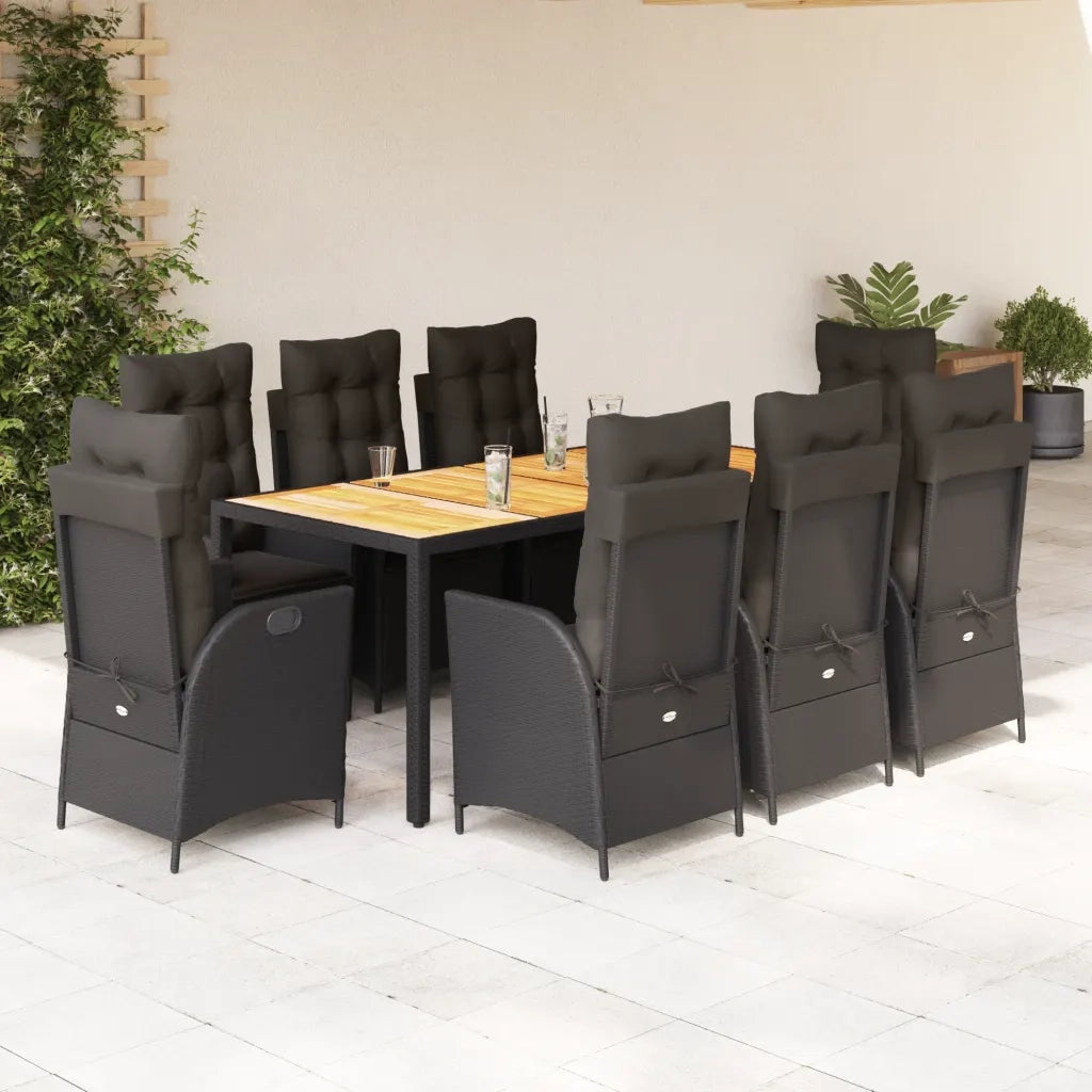 Set da Pranzo da Giardino 9 pz con Cuscini Nero in Polyrattan 3213101