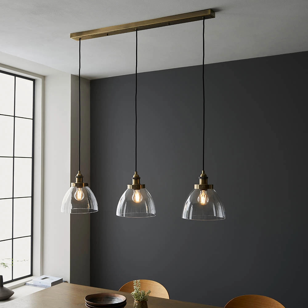 Lampada a sospensione industriale ottone anticato vetro 3xE27