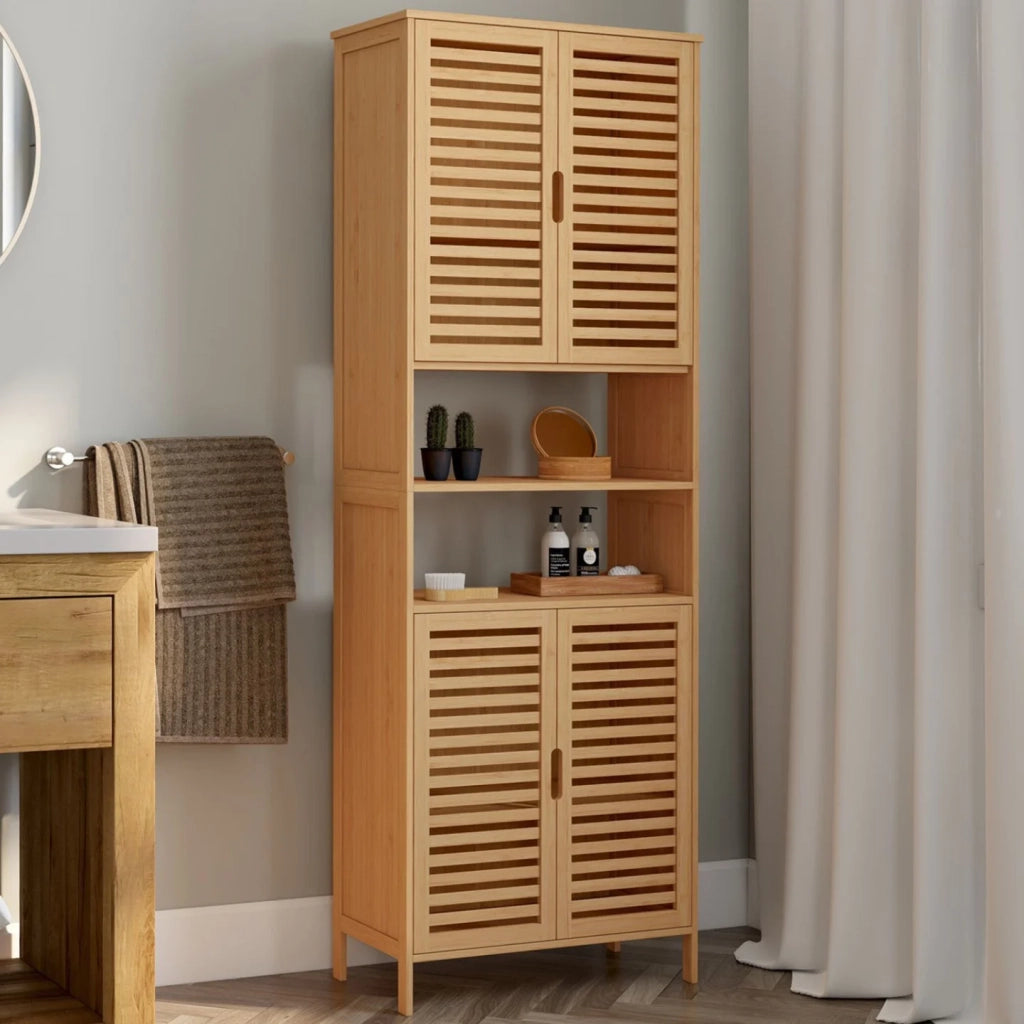 IDMarket - Mobile da bagno BEA in bambù con 4 ante e 2 nicchie