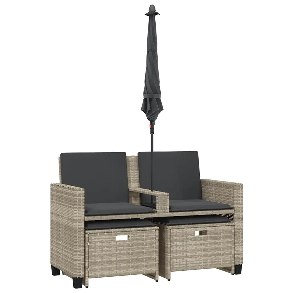 Divano 2Posti Ombrellone e Sgabelli Grigio Chiaro Polyrattan 365888
