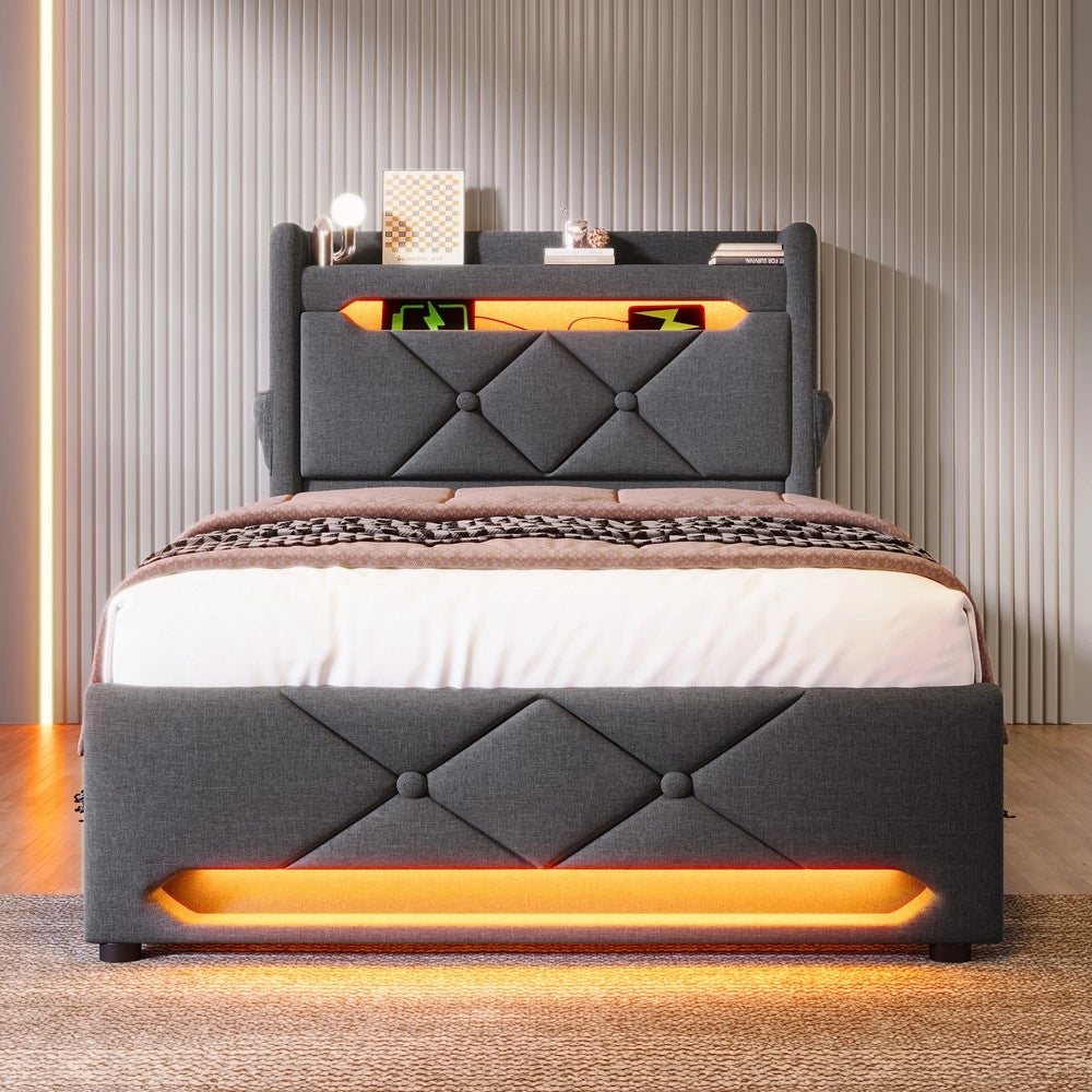 Letto Singolo Imbottito Contenitore con LED e USB ¨C MINIMAL ¨C Grigio, Tessuto, 90x200