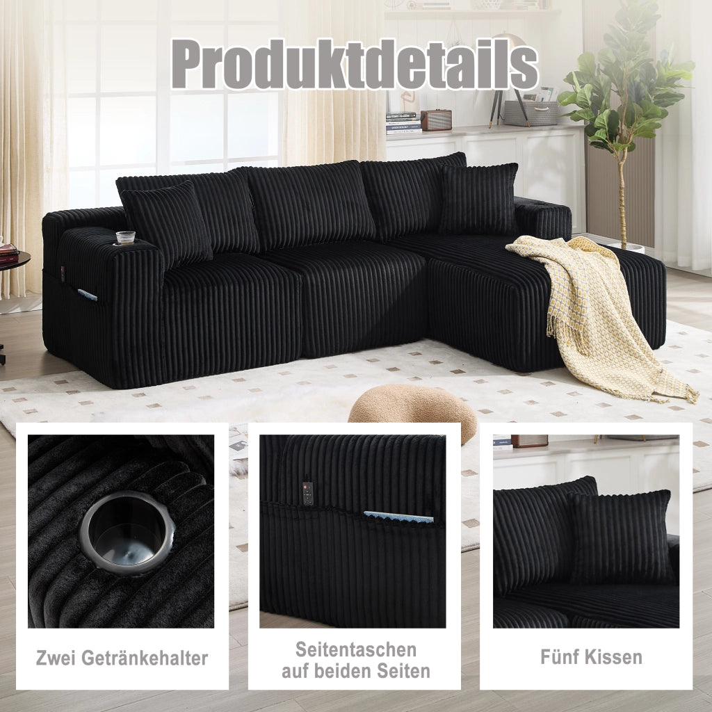Divano modulare con chaise longue e 2 posti con 5 cuscini, tasche laterali e portabicchieri in velluto nero