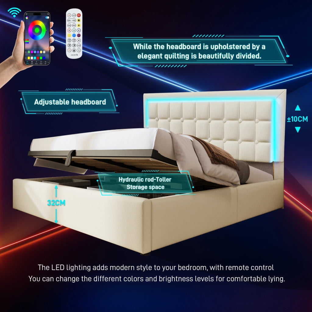 LETTO Contenitore 160x200 cm con LED, PU Bianco