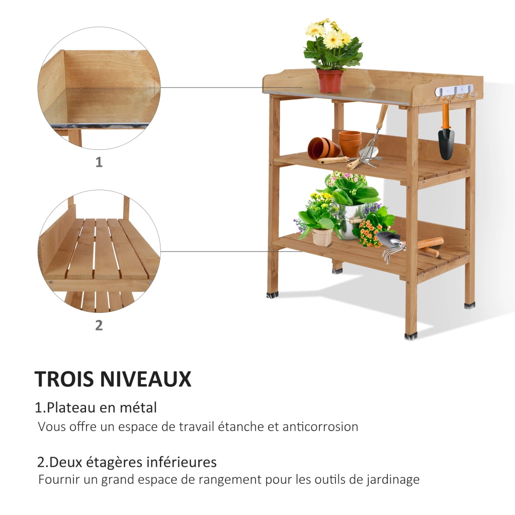 Tavolo da giardinaggio con ripiani e ganci ¨C Minimal ¨C Legno abete olio pretrattato, piano in acciaio zincato 80x40x80 cm