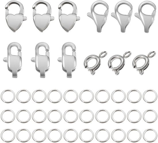 Connettori 42 pezzi - Connettori a forma di cuore - Connettori a forma di O - Connettori rettangolari - In acciaio inossidabile, colore argento - Connettori per gioielli