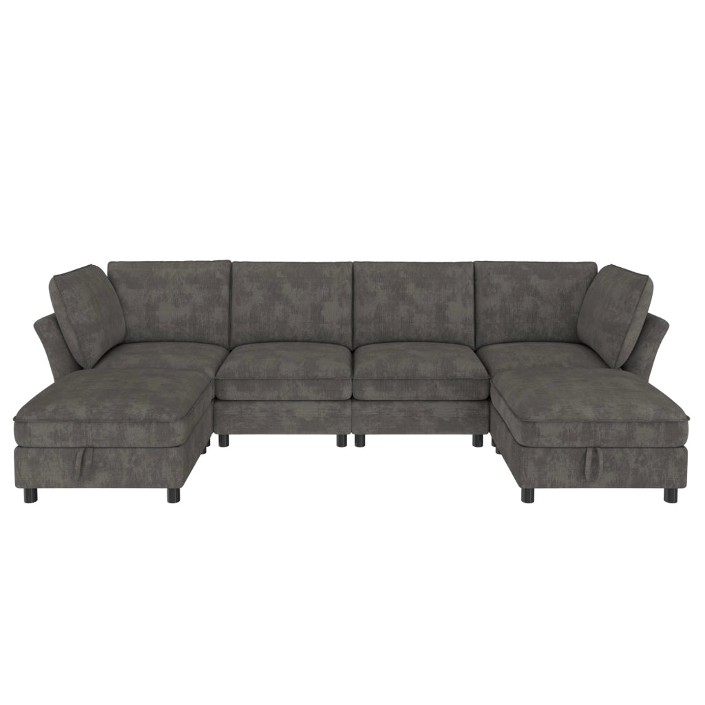 Divano angolare modulare a U 6-7 posti con contenitore e 2 pouf, in ciniglia grigio