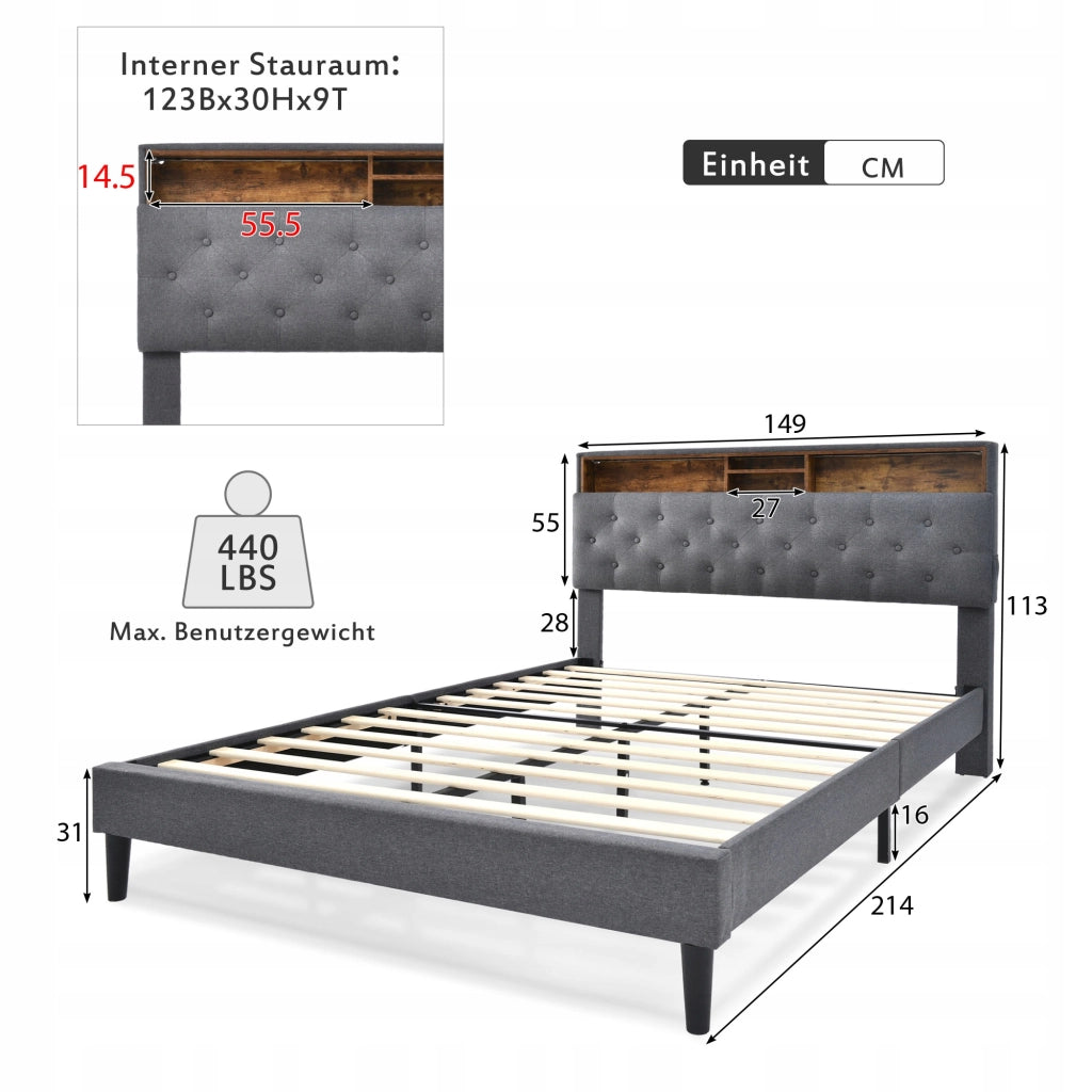 Letto imbottito 140x200 grigio con LED (con materasso) - Xylo