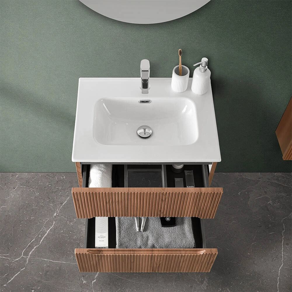 Mobile bagno sospeso cannettato 60 cm noce canaletto con lavabo Bali