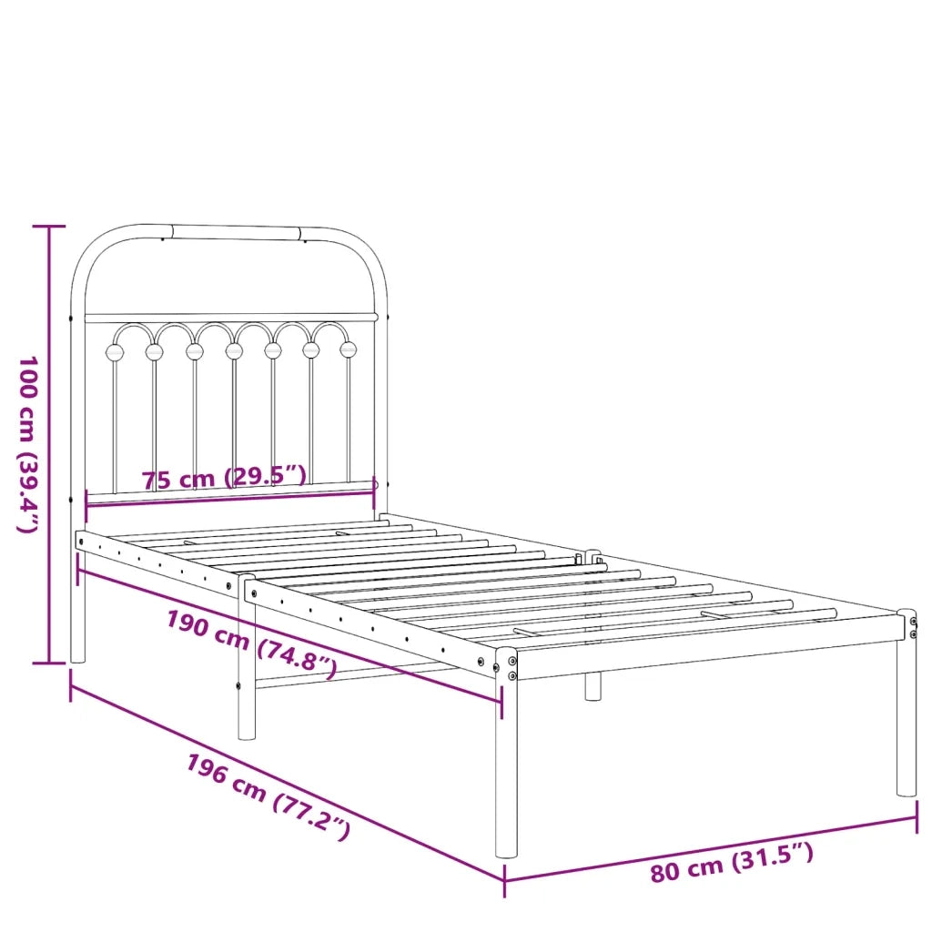 Letto singolo | Letto per adulti | Giroletto senza Materaso con Testiera Metallo Bianco 75x190 cm