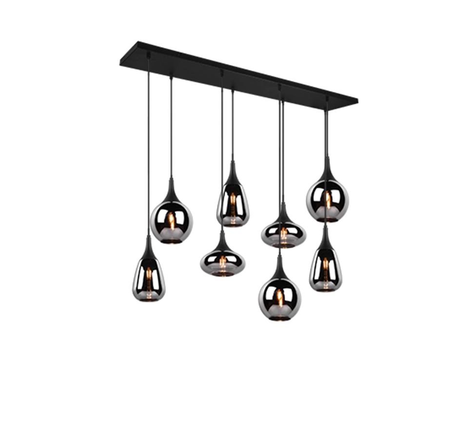 Lampada a sospensione 6 diffusori, metallo, nero e fumé, L 115 cm, Lumina