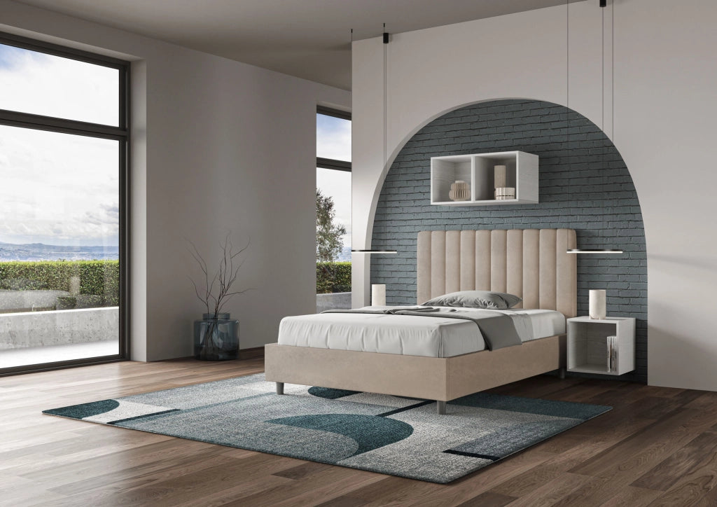 BS COM Letto una piazza e mezza con rete imbottito 120x190 microfibra sabbia