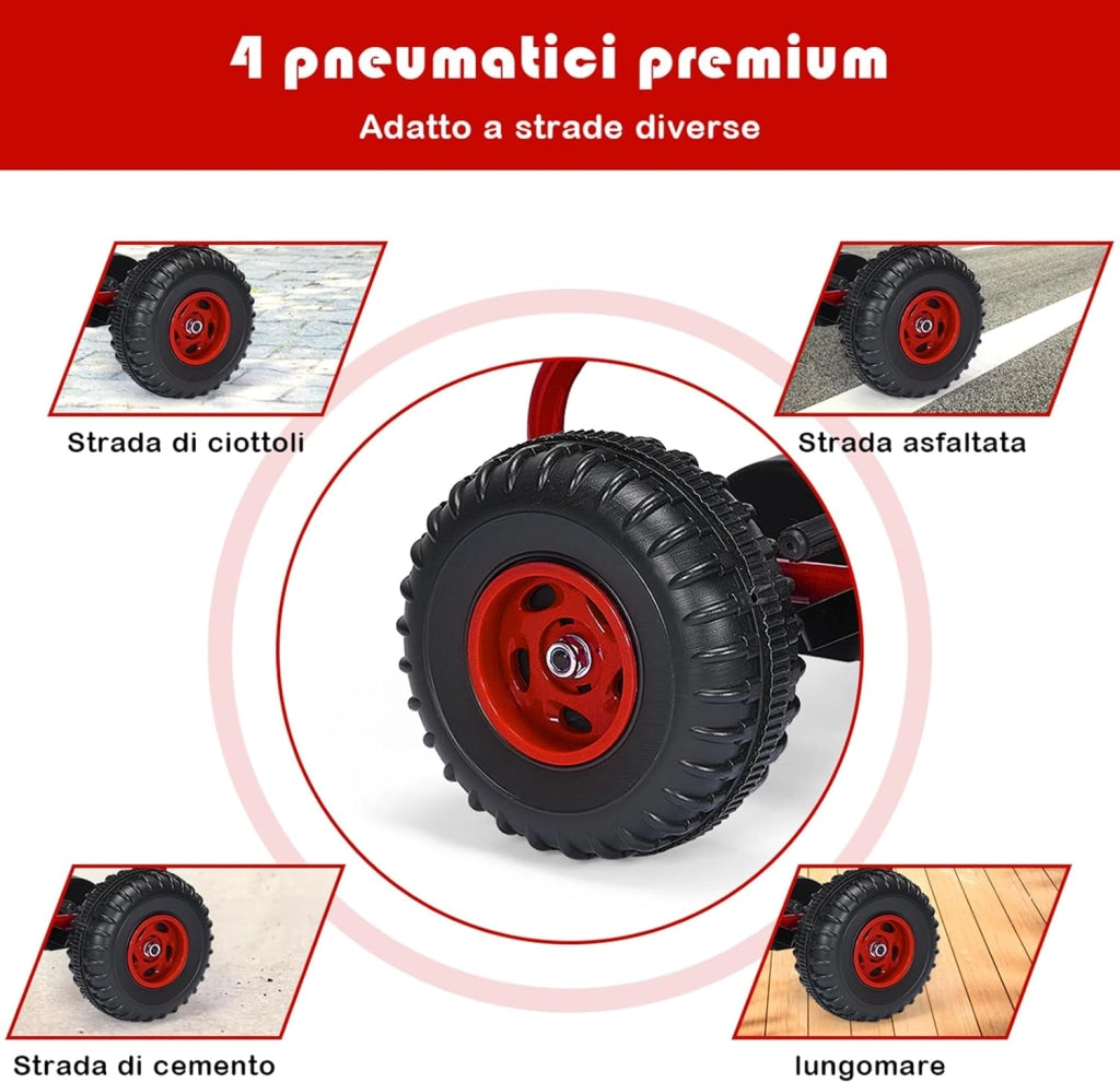 Go Kart a Pedali per Bambini, Go Kart Veicolo con Sedile Regolabile e Freno a Mano, per Bambini 3-6 Anni, Portata Massima 30 kg (Rosso)
