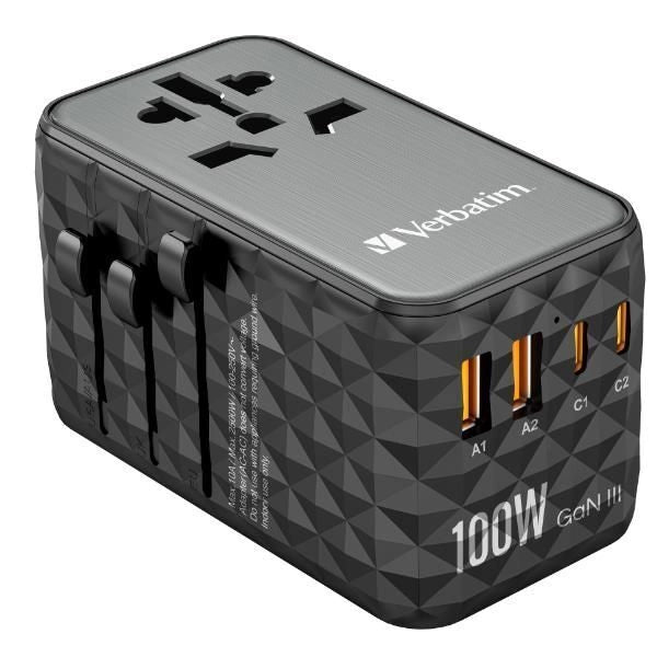 Verbatim 32121 Adattatore di Viaggio Universale UTA-06 con Tecnologia GaN III 2 Porte USB-C PD QC 4+ 2 Porte USB-A QC 3.0 Potenza Massima 100W colore Nero