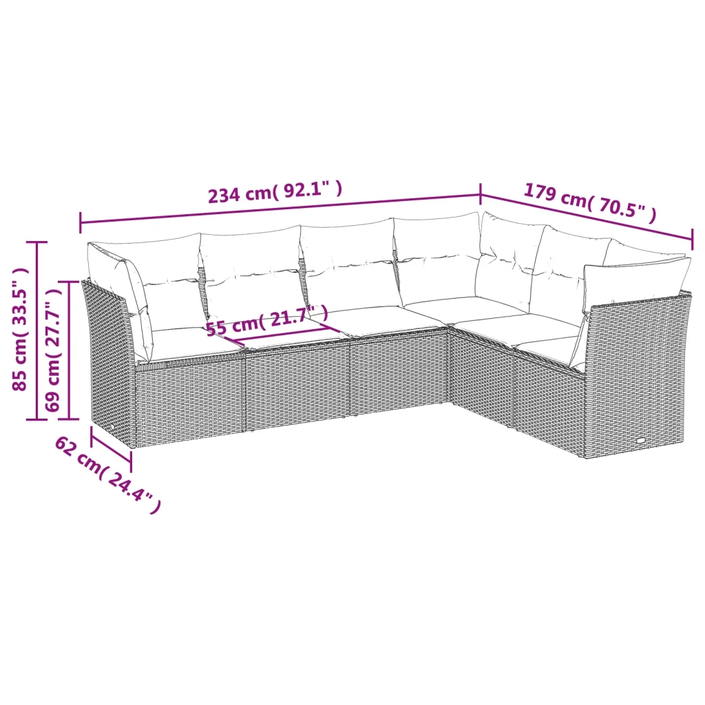 Set Divano da Giardino 6 pz con Cuscini Nero in Polyrattan