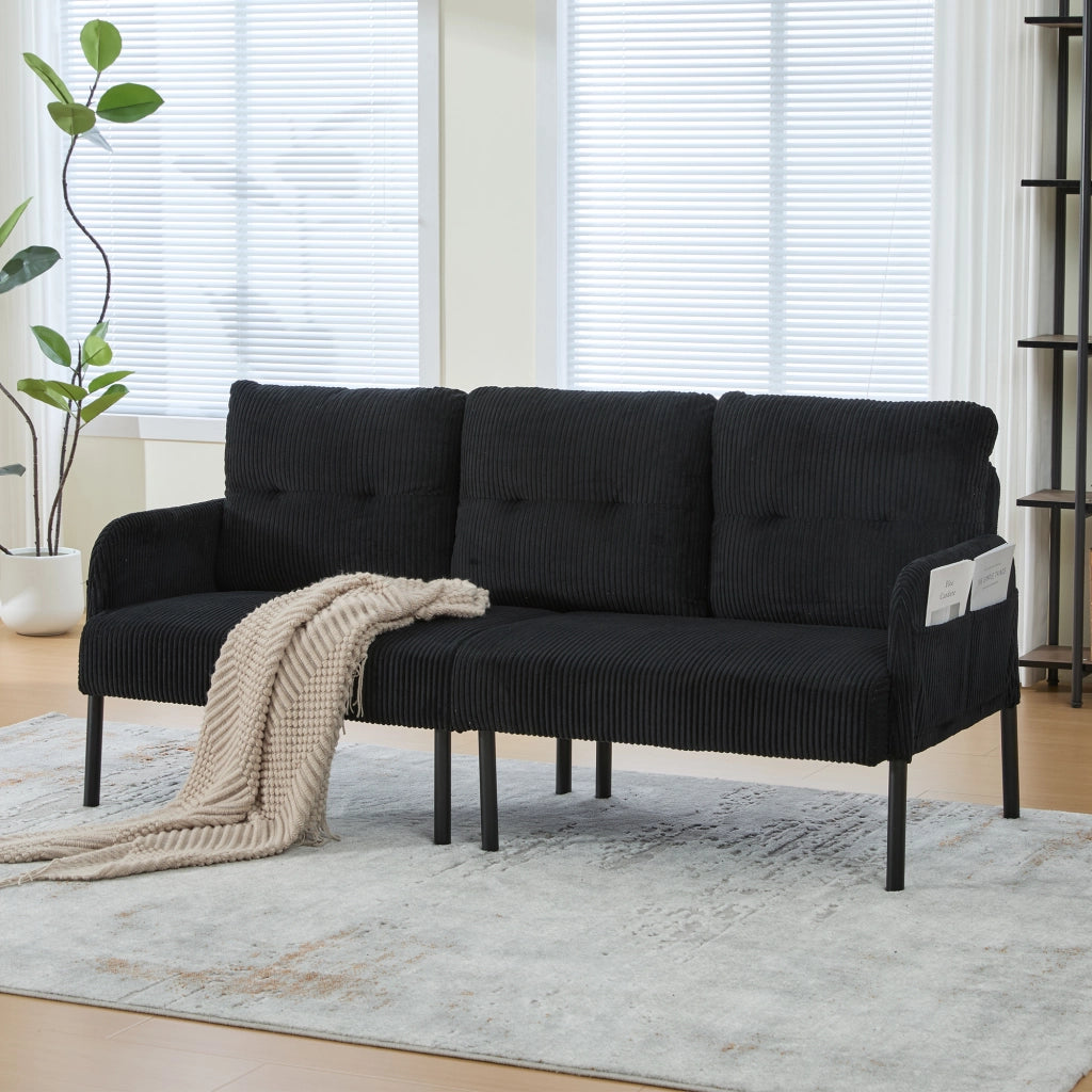 DIVANO 3 posti 171x72x80 cm in corduroy nero con tasca laterale