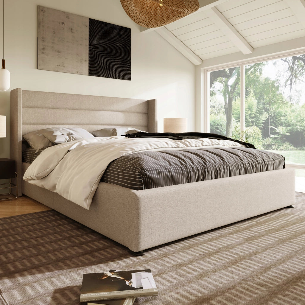 Letto imbottito con idraulica 160x200 beige (con materasso) - Xylo