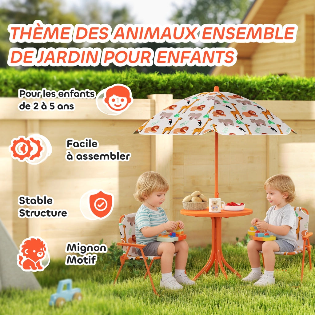 Set da giardino per bambini con tavolo e 2 sedie pieghevoli e ombrellone ¨C Minimal ¨C arancione, ? 100 cm, motivo animali