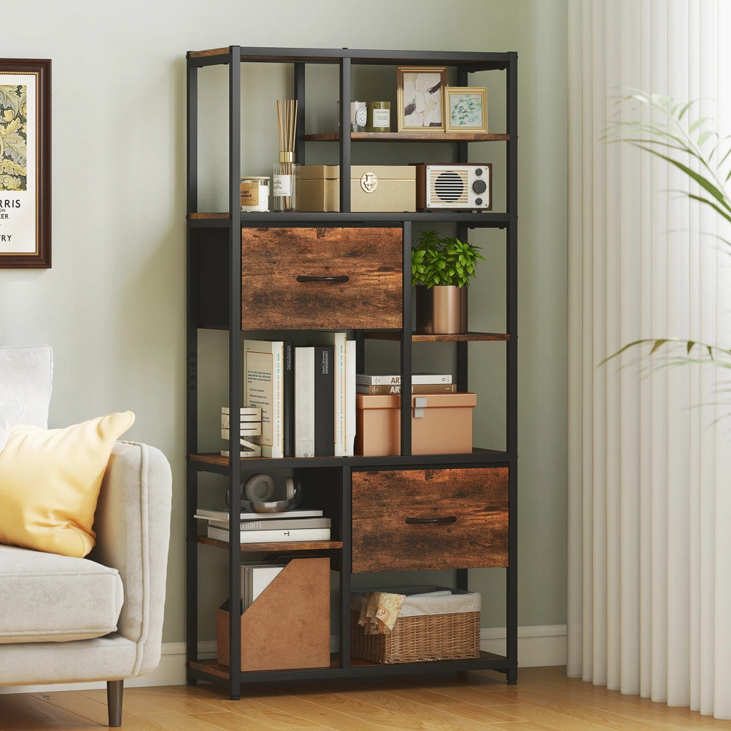 Cassettiera con Ripiani Aperti e 2 Cassetti in Tessuto ¨C Minimal ¨C Marrone e Nero