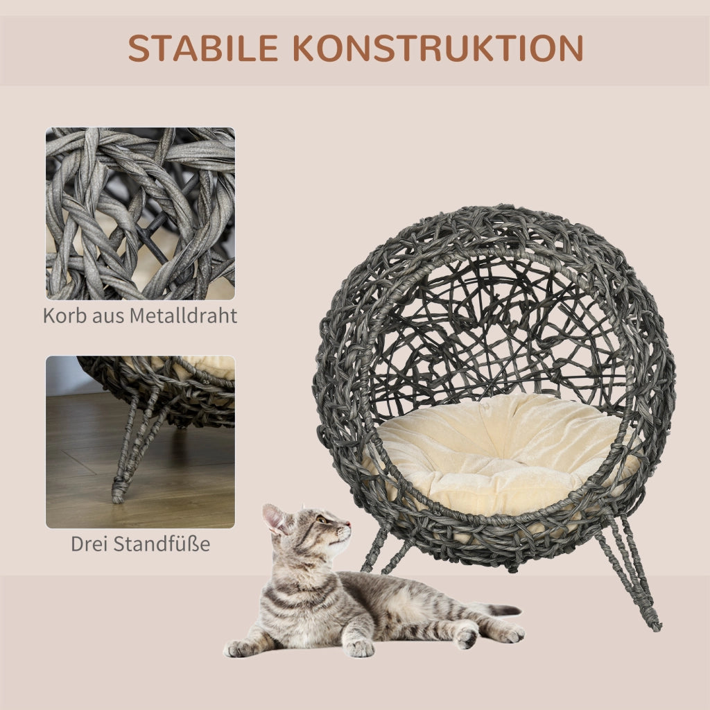 Casetta Gatti Rattan con Cuscino ¨C Minimal ¨C Grigio ?52x58 cm