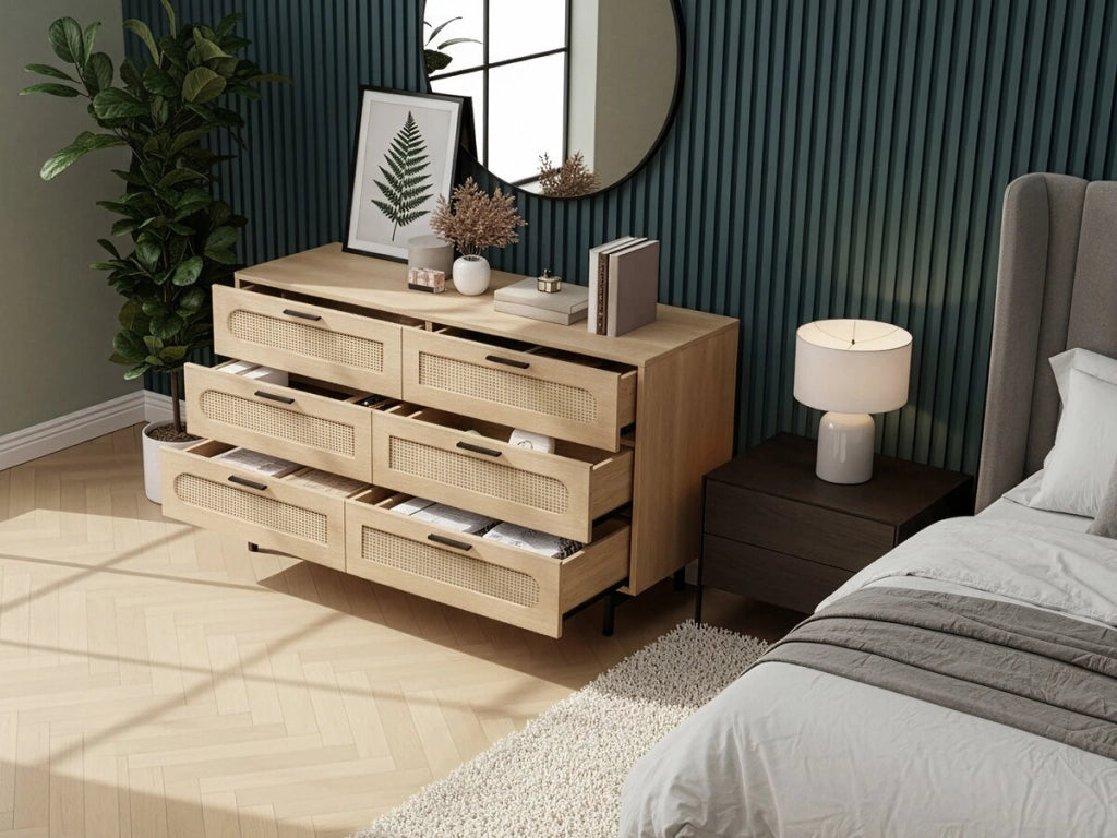 Cassettiera "Harrison" in legno e giunco ??- 120 x 40 x 75 cm - Beige