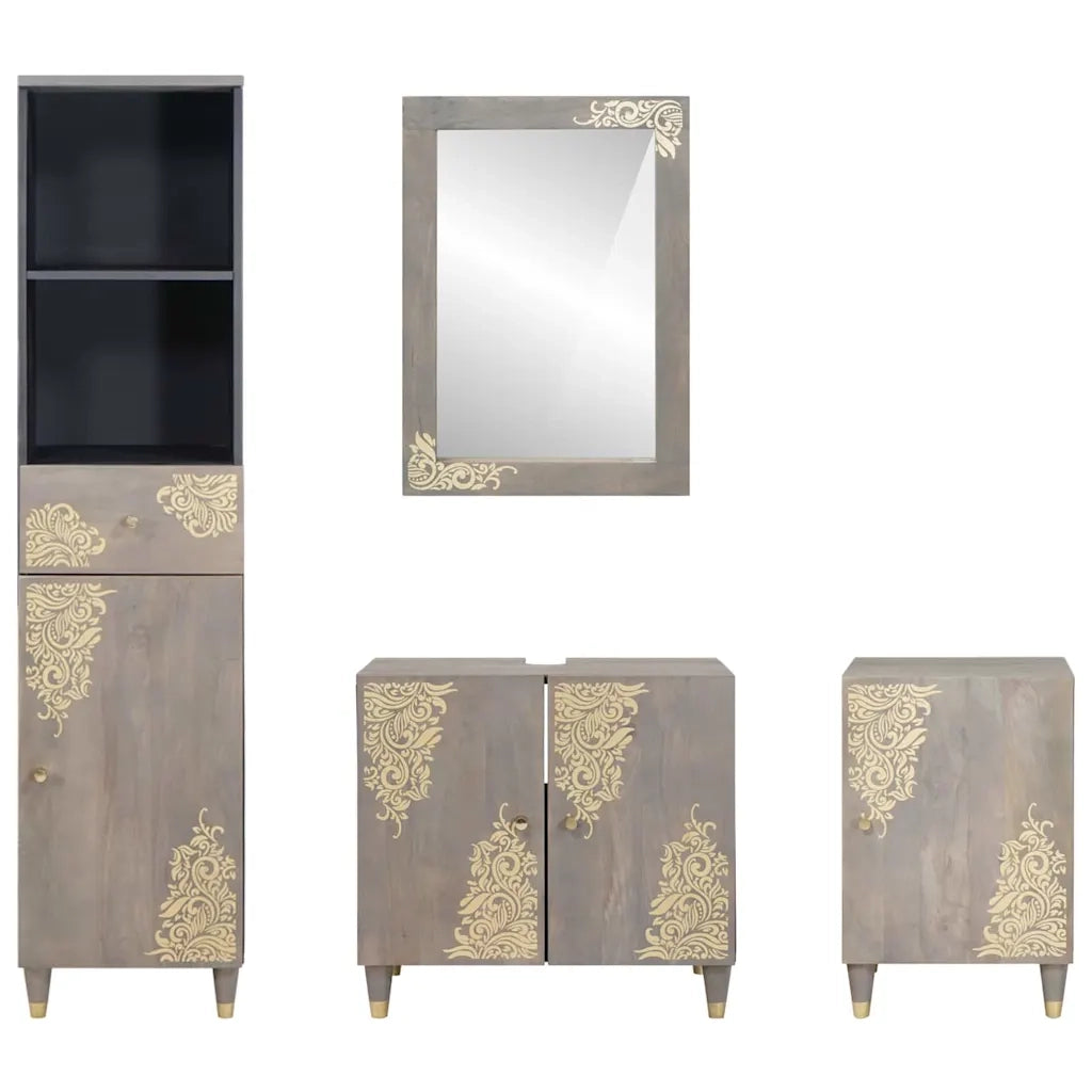 Set di Armadi da Bagno 4 pcs Grigio Legno di mango massello