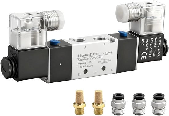 Vitale per l'industria - Valvola magnetica elettrico-pneumatica - 5 vie - Regolazione doppia spool - 220 - PT1/4 - Per uso industriale - 19 x 7 x 2,4 cm