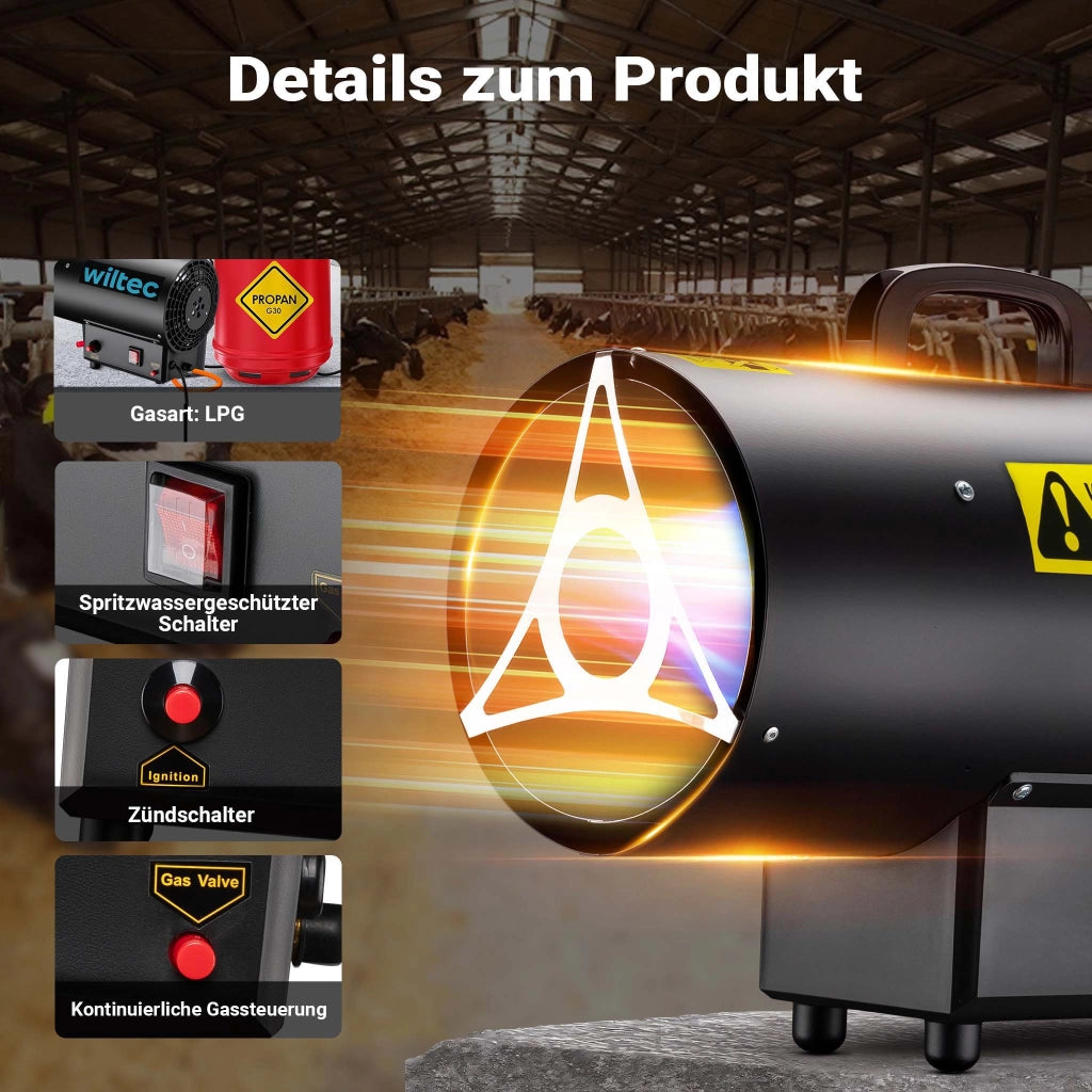 Generatore di calore a gas GPL, 15 kW 30 W 320m³/ora, cannone aria calda con avviamento piezoelettrico, incluso riduttore di pressione del gas per la Spagna 700 mbar con tubo da 1,5 m