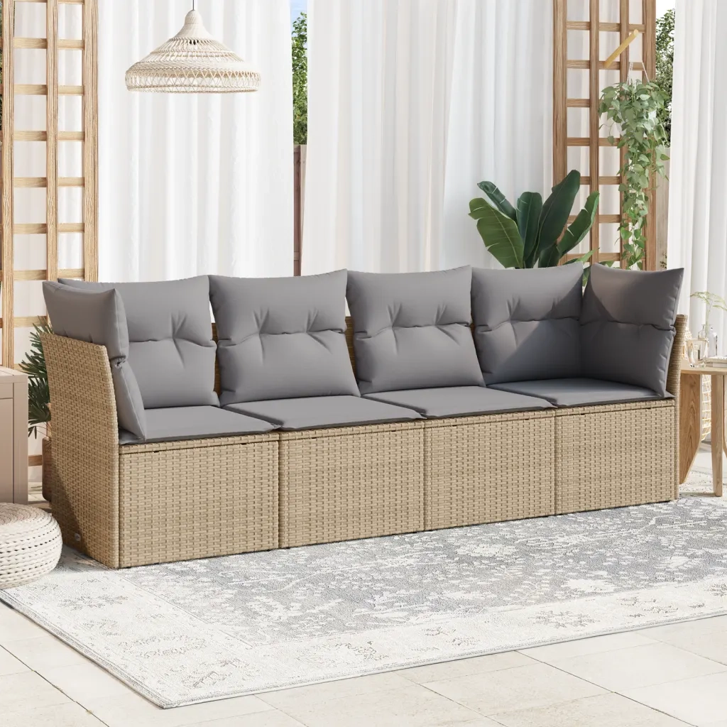 Set Divano da Giardino 4 pz | Set Salotto da Giardino con Cuscini Beige in Polyrattan