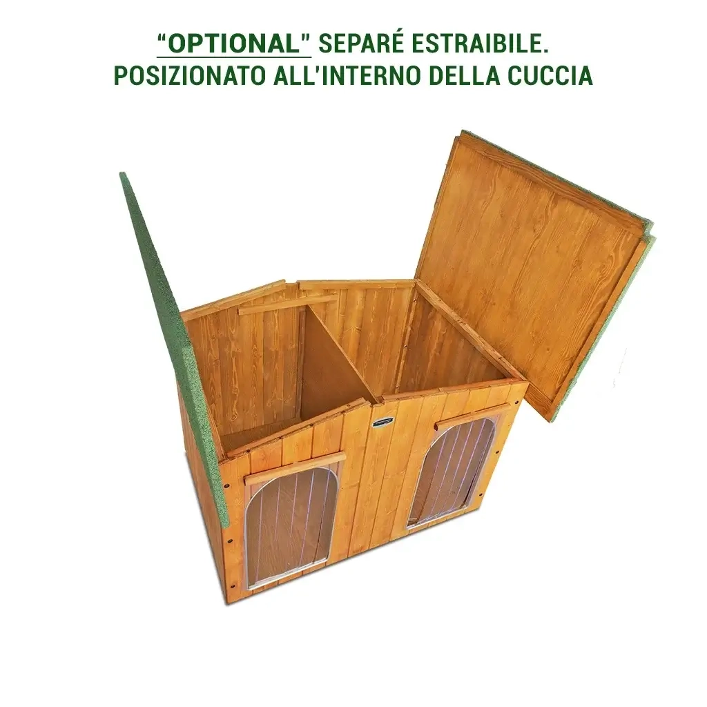 CUCCIA IN LEGNO PER CANI DA ESTERNO MISURA ALANO MOD OASI CON DUE INGRESSI E VERANDA  CON SEPARÈ ESTRAIBILE CON 2 "TENDINE OMAGGIO" L.121 x P.133 x H.87