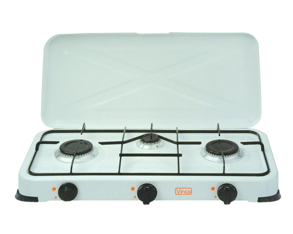 FORNELLO A GAS GPL A 3 FUOCHI CON COPERCHIO  cm.57x33x10h.
