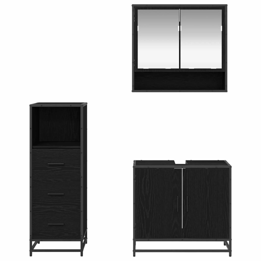 Set di mobili per il Bagno | Armadio da bagno 3 pz Rovere Nero Legno multistrato