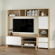 Mobile porta TV Calabria, Credenza da soggiorno, Armadio basso per TV, Base parete attrezzata, 209x48 h183 cm, Rovere e Bianco lucido