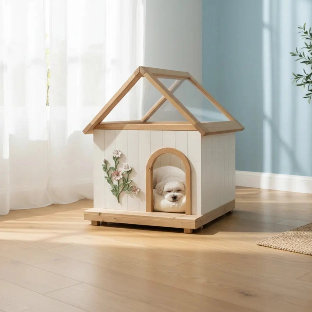 Casetta per Gatti e Cani Piccoli 68×55×80 cm in Legno Massello FSC® con Tetto in Acrilico Trasparente; Bianca
