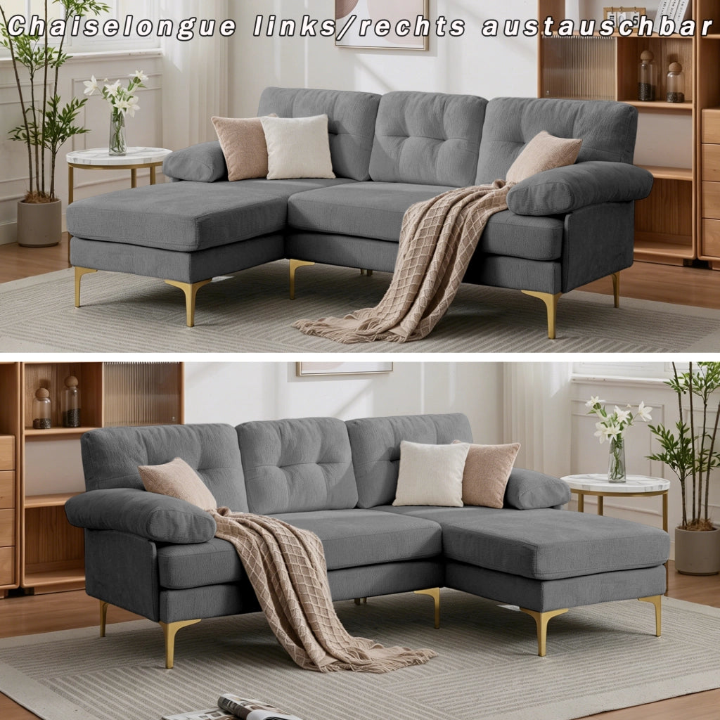 Divano angolare reversibile a 3 posti con cuscini imbottiti e braccioli, in legno e chenille grigio