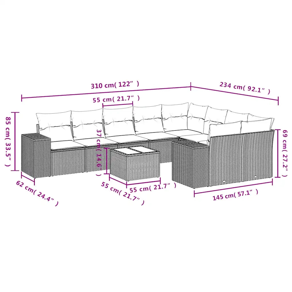 Set Divano Giardino 10 pz con Cuscini Grigio Chiaro Polyrattan 3223051