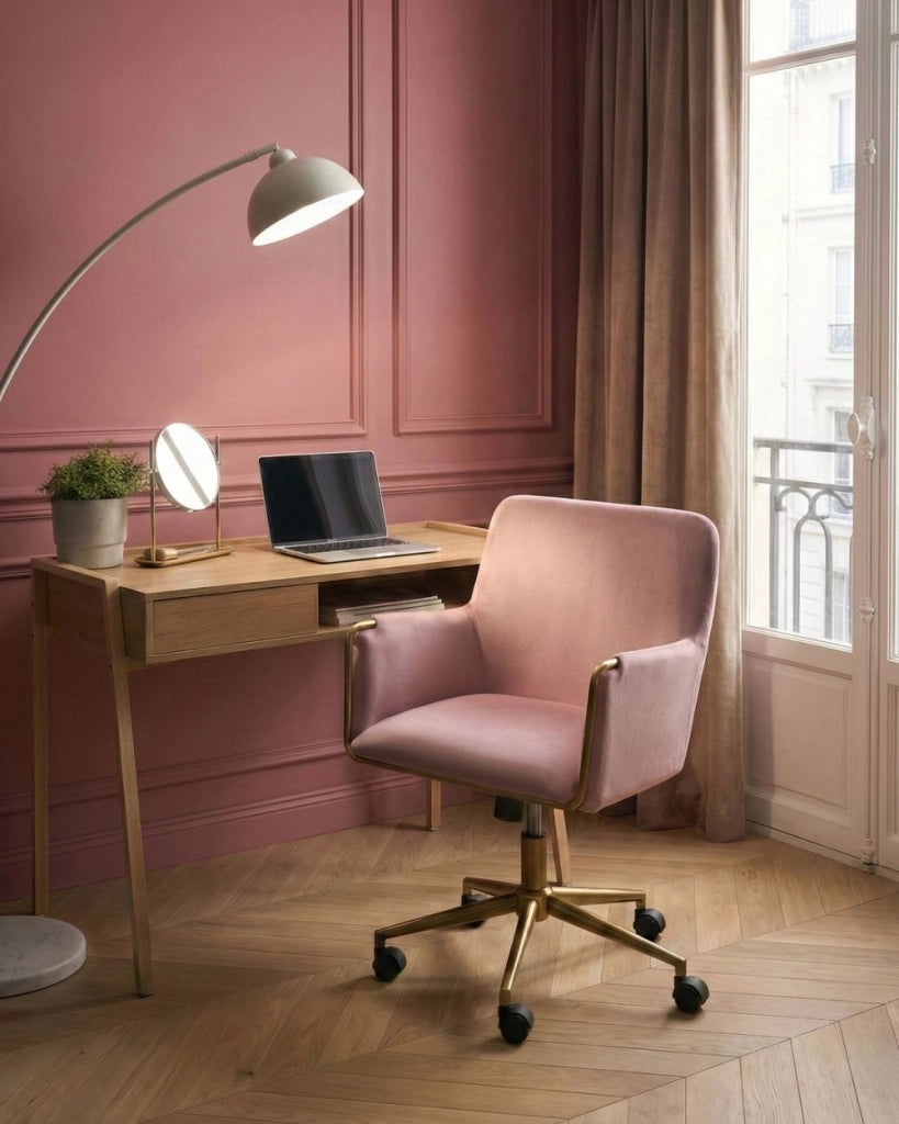 Sedia da ufficio direzionale Rivestimento in velluto rosa pastello Regolazione dell'altezza del sedile Rivestimento imbottito girevole