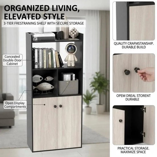 Libreria a 3 livelli con cassetti aperti e doppie porte, nera