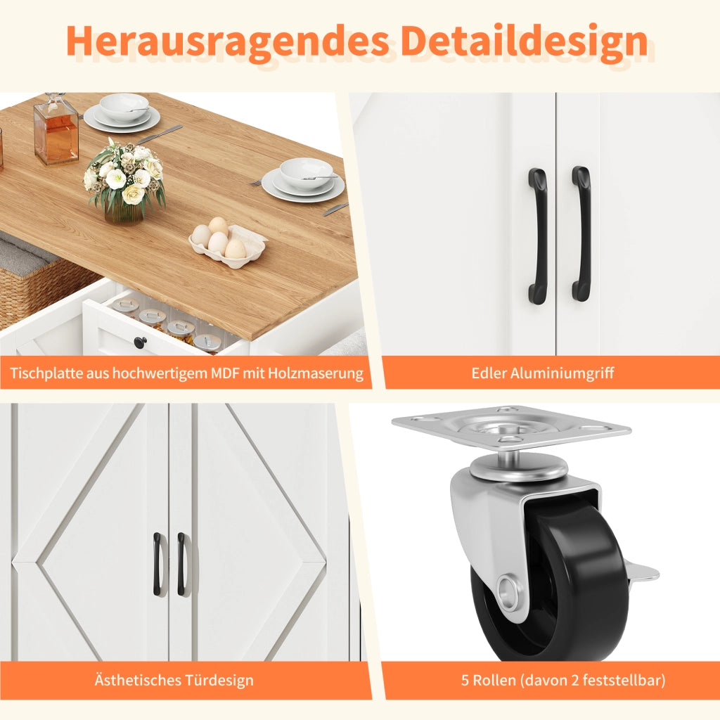 CARRELLO CUCINA PIEGHEVOLE 120 x 43,2/71,2 x 92 cm MDF BIANCO