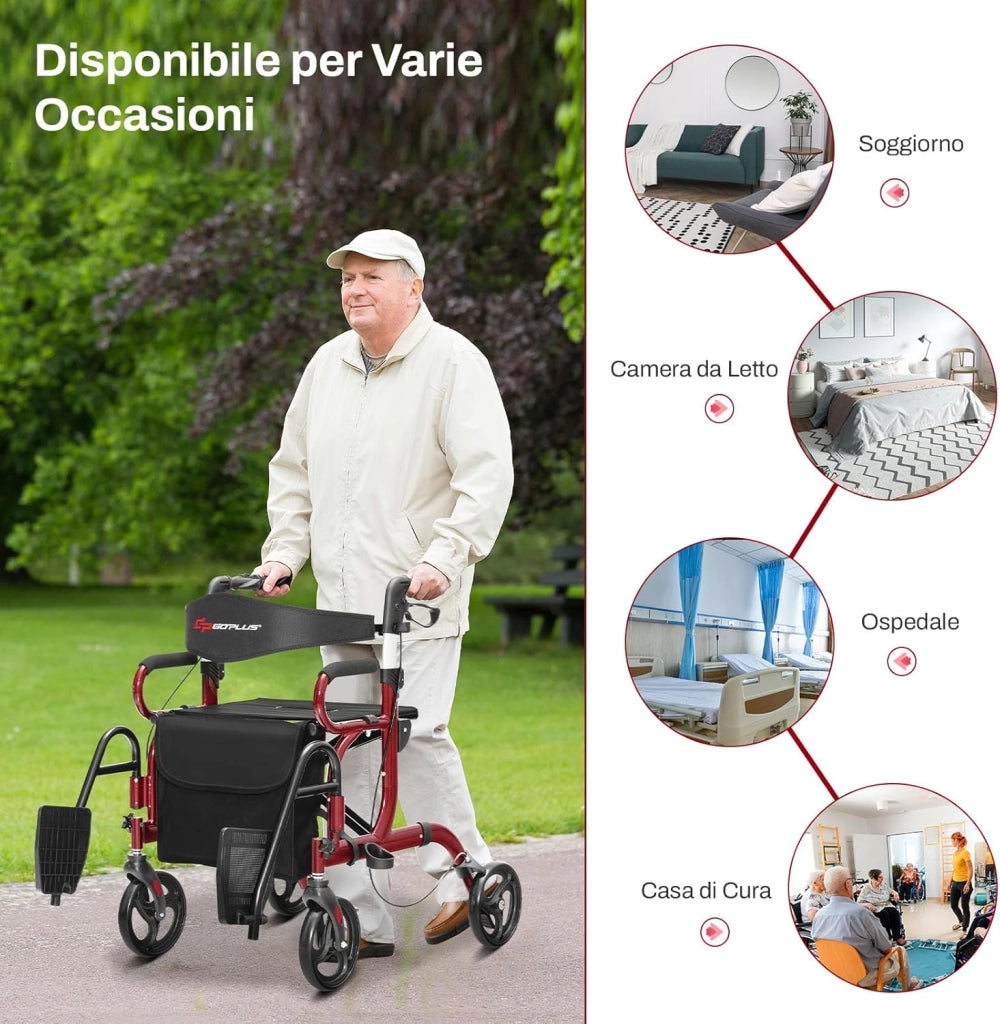 Deambulatore 2 in 1 per Anziani in Alluminio, Rollator Pieghevole e Regolabile in Altezza con Sedia, Schienale Reversibile, Manici Regolabili, Ruote, Poggiapiedi e Borsa Rimovibile (Rosso)
