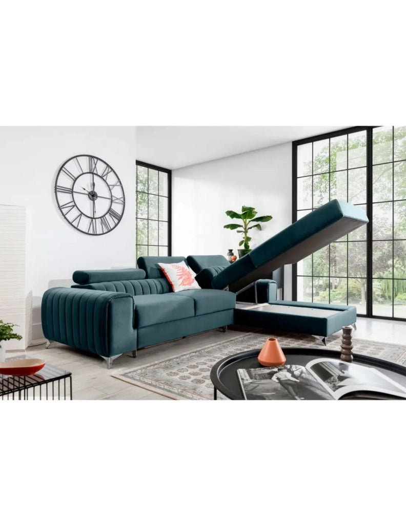 Divano ad angolo destro Blu pavone convertibile 3 posti JAYSON con letto spazioso