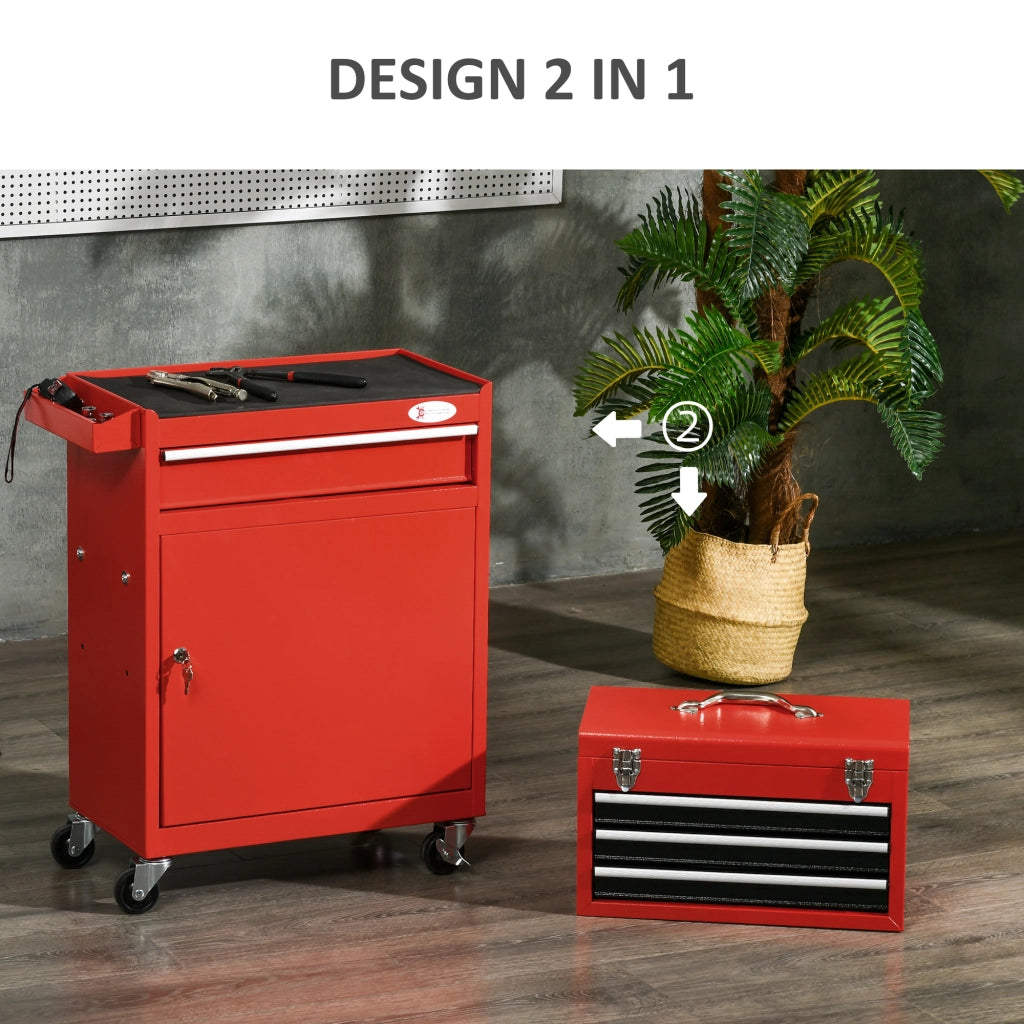 EasyComfort Carrello Porta Attrezzi 2 in 1 con Cassetta Rimovibile e Armadietto con Chiave in Acciaio, Rosso